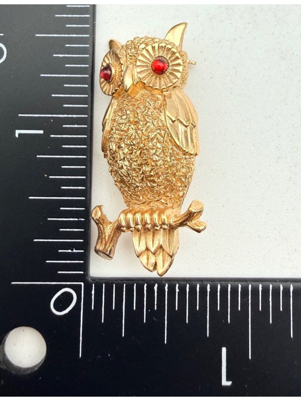 Crown Trifari Owl Brooch Vintage Gold-Tone Owl Red Rhinestone Eyes Textured Body - Picture 6 of 8